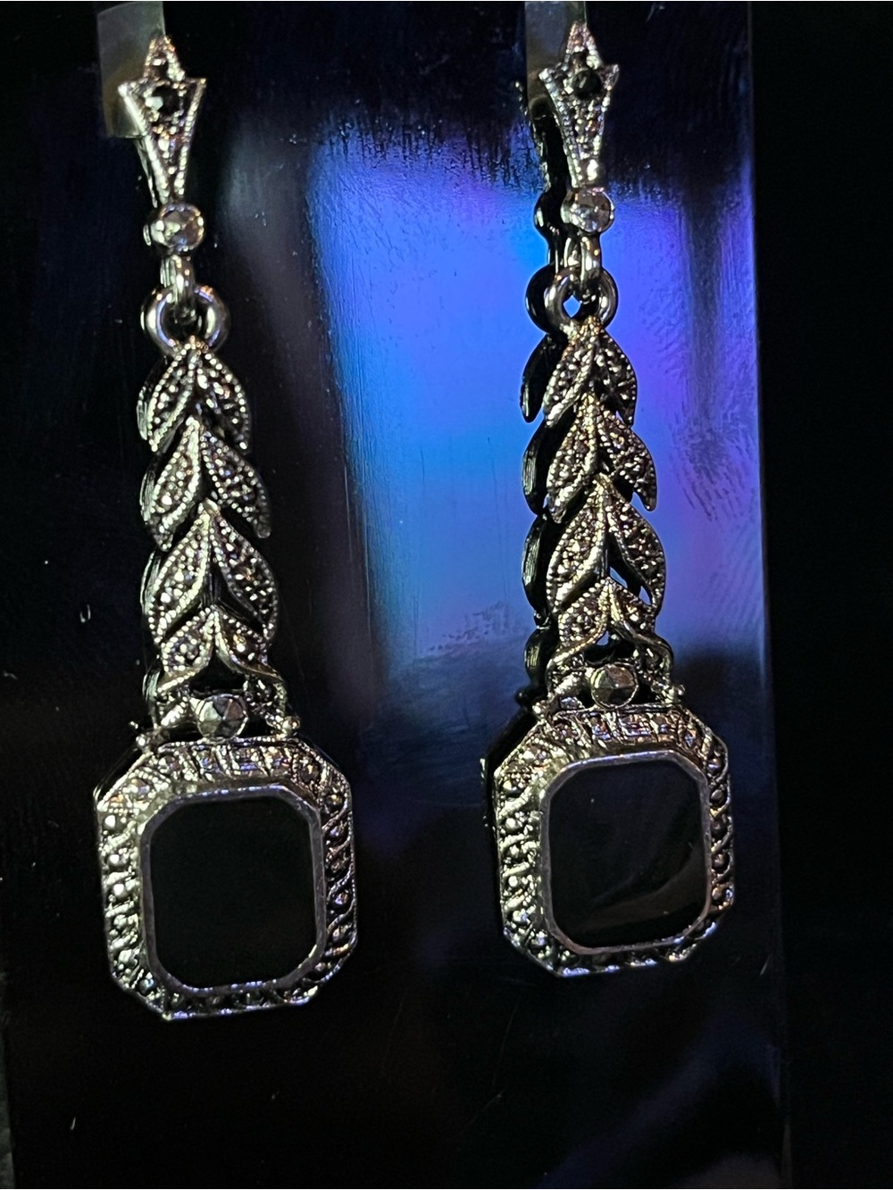 Estate Silver-Tone Leaf Drop Earrings with Black Stones